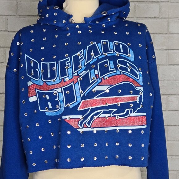 Furst Of A Kind Vintage Upcycled Buffalo Bills Cropped Jeweled Hoodie - Picture 3 of 5